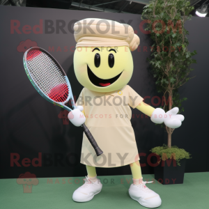 Cream Tennis Racket mascot costume character dressed with a T-Shirt and Headbands
