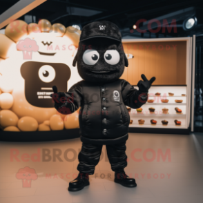 Black Croissant mascot costume character dressed with a Bomber Jacket and Hats