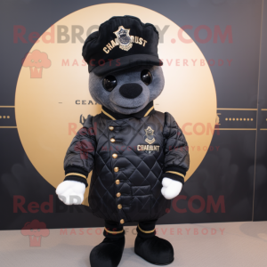 Black Croissant mascot costume character dressed with a Bomber Jacket and Hats