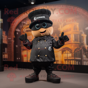 Black Croissant mascot costume character dressed with a Bomber Jacket and Hats
