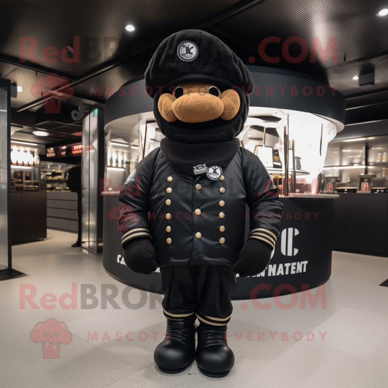 Black Croissant mascot costume character dressed with a Bomber Jacket and Hats Black Croissant mascot costume character dressed with a Bomber Jacket and Hats