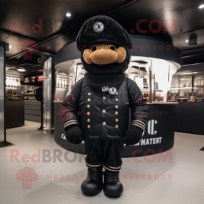 Black Croissant mascot costume character dressed with a Bomber Jacket and Hats