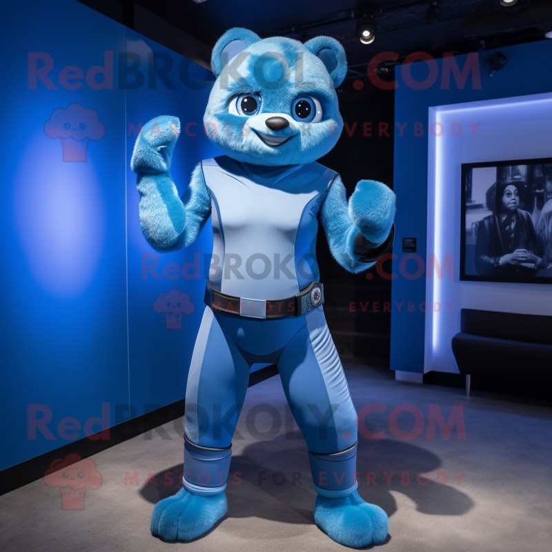 Blue Momentum mascot costume character dressed with a Bodysuit and Belts Blue Momentum mascot costume character dressed with a Bodysuit and Belts
