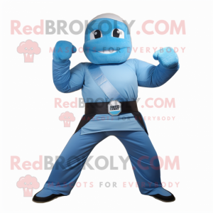 Blue Momentum mascot costume character dressed with a Bodysuit and Belts
