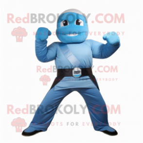 Blue Momentum mascot costume character dressed with a Bodysuit and Belts