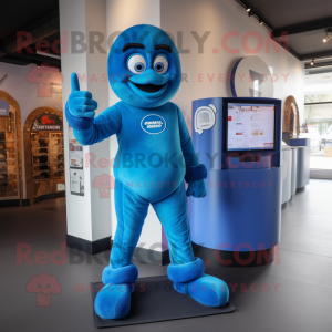 Blue Momentum mascot costume character dressed with a Bodysuit and Belts