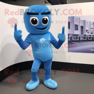 Blue Momentum mascot costume character dressed with a Bodysuit and Belts