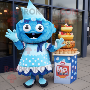 Blue Nachos mascot costume character dressed with a Midi Dress and Mittens