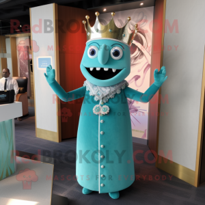 Turquoise King mascot costume character dressed with a Shift Dress and Tie pins