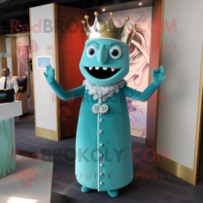 Turquoise King mascot costume character dressed with a Shift Dress and Tie pins