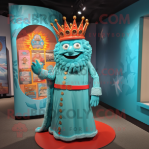 Turquoise King mascot costume character dressed with a Shift Dress and Tie pins