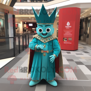 Turquoise King mascot costume character dressed with a Shift Dress and Tie pins