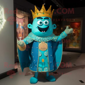 Turquoise King mascot costume character dressed with a Shift Dress and Tie pins