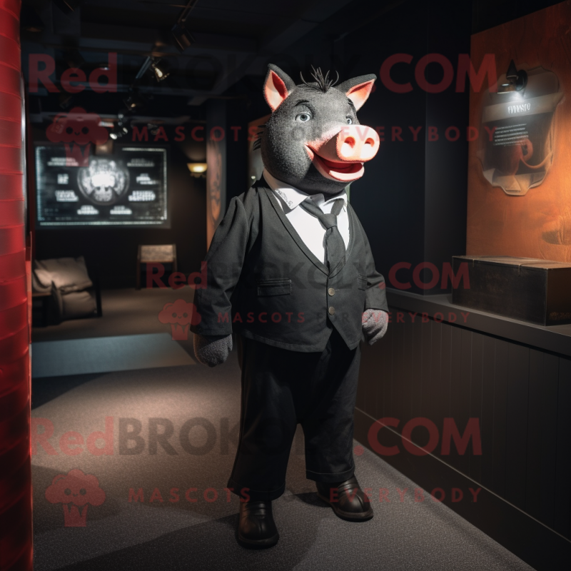 Black Pig mascot costume character dressed with a Suit Pants and Suspenders