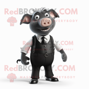 Black Pig mascot costume character dressed with a Suit Pants and Suspenders