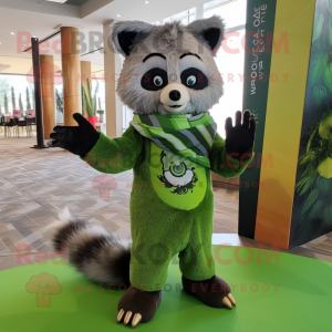Lime Green Raccoon mascot costume character dressed with a Sweater and Scarves