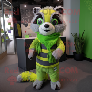 Lime Green Raccoon mascot costume character dressed with a Sweater and Scarves