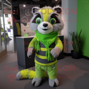 Lime Green Raccoon mascot costume character dressed with a Sweater and Scarves