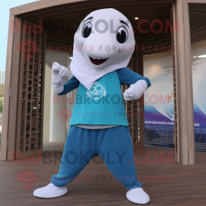 White Dolphin mascot costume character dressed with a Yoga Pants and Headbands