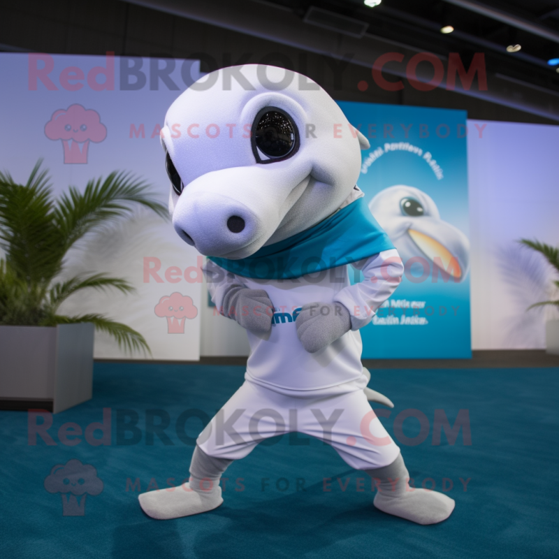 White Dolphin mascot costume character dressed with a Yoga Pants and Headbands