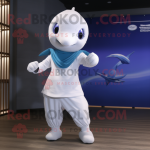 White Dolphin mascot costume character dressed with a Yoga Pants and Headbands