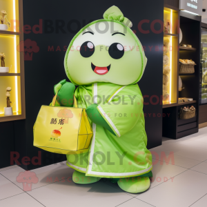 Lime Green Dim Sum mascot costume character dressed with a Sweatshirt and Handbags