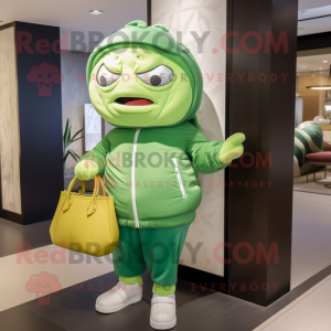 Lime Green Dim Sum mascot costume character dressed with a Sweatshirt and Handbags