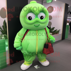 Lime Green Dim Sum mascot costume character dressed with a Sweatshirt and Handbags