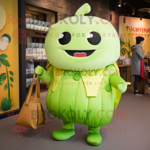 Lime Green Dim Sum mascot costume character dressed with a Sweatshirt and Handbags