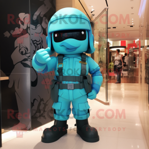 Cyan Soldier mascot costume character dressed with a Leggings and Belts