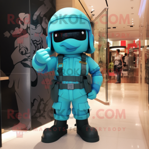 Cyan Soldier maskot kostume...