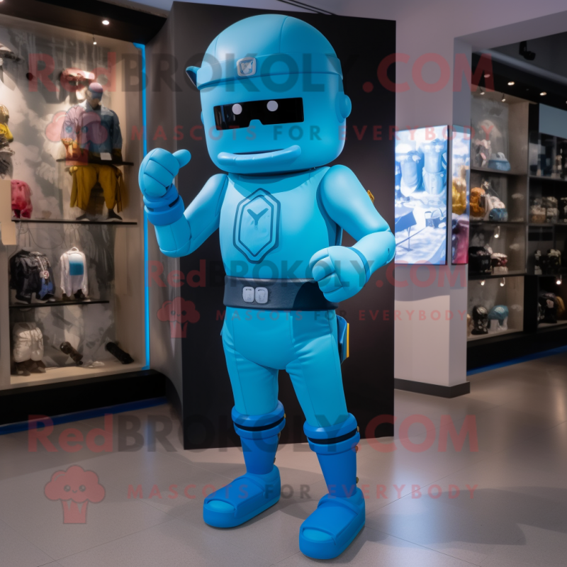 Cyan Soldier mascot costume character dressed with a Leggings and Belts