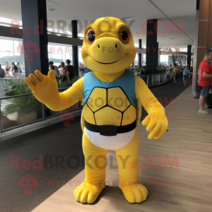 Yellow Turtle mascot costume character dressed with a Rash Guard and Suspenders