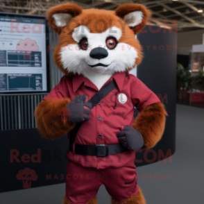 Maroon Red Panda mascot costume character dressed with a Poplin Shirt and Digital watches