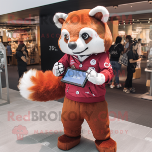 Maroon Red Panda mascot costume character dressed with a Poplin Shirt and Digital watches