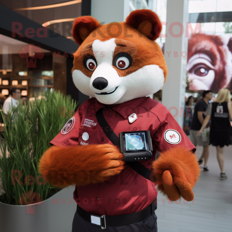 Maroon Red Panda mascot costume character dressed with a Poplin Shirt and Digital watches Maroon Red Panda mascot costume character dressed with a Poplin Shirt and Digital watches