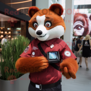 Maroon Red Panda mascot costume character dressed with a Poplin Shirt and Digital watches