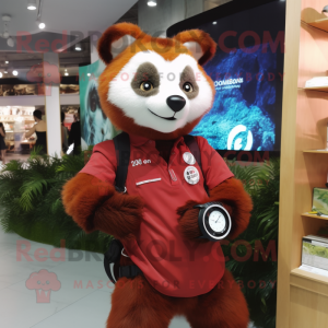 Maroon Red Panda mascot costume character dressed with a Poplin Shirt and Digital watches
