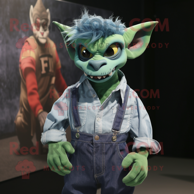 Green Gargoyle mascot costume character dressed with a Chambray Shirt and Earrings