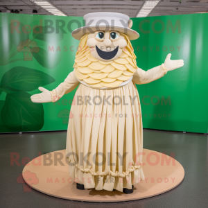 Beige Pesto Pasta mascot costume character dressed with a Circle Skirt and Caps