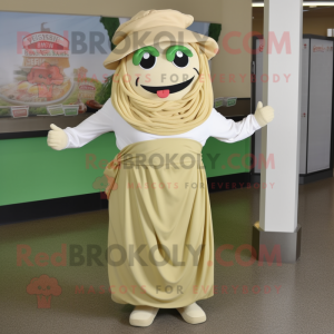 Beige Pesto Pasta mascot costume character dressed with a Circle Skirt and Caps