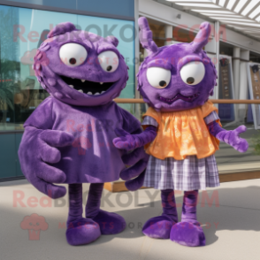 Purple Crab Cakes mascot costume character dressed with a Midi Dress and Scarves