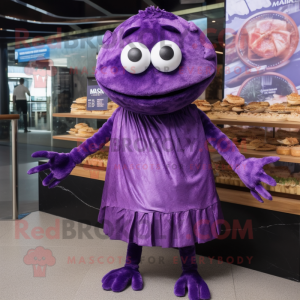 Purple Crab Cakes mascot costume character dressed with a Midi Dress and Scarves