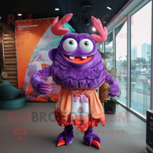 Purple Crab Cakes mascot costume character dressed with a Midi Dress and Scarves