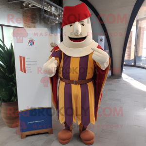 Tan Swiss Guard mascot costume character dressed with a T-Shirt and Pocket squares