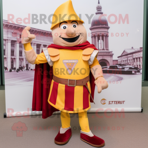 Tan Swiss Guard mascot costume character dressed with a T-Shirt and Pocket squares