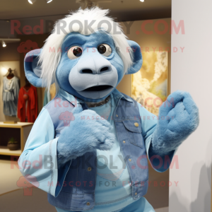 Sky Blue Baboon mascot costume character dressed with a Mom Jeans and Shawls