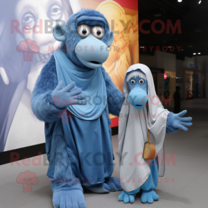 Sky Blue Baboon mascot costume character dressed with a Mom Jeans and Shawls