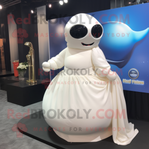 Cream Beluga Whale mascot costume character dressed with a Ball Gown and Sunglasses