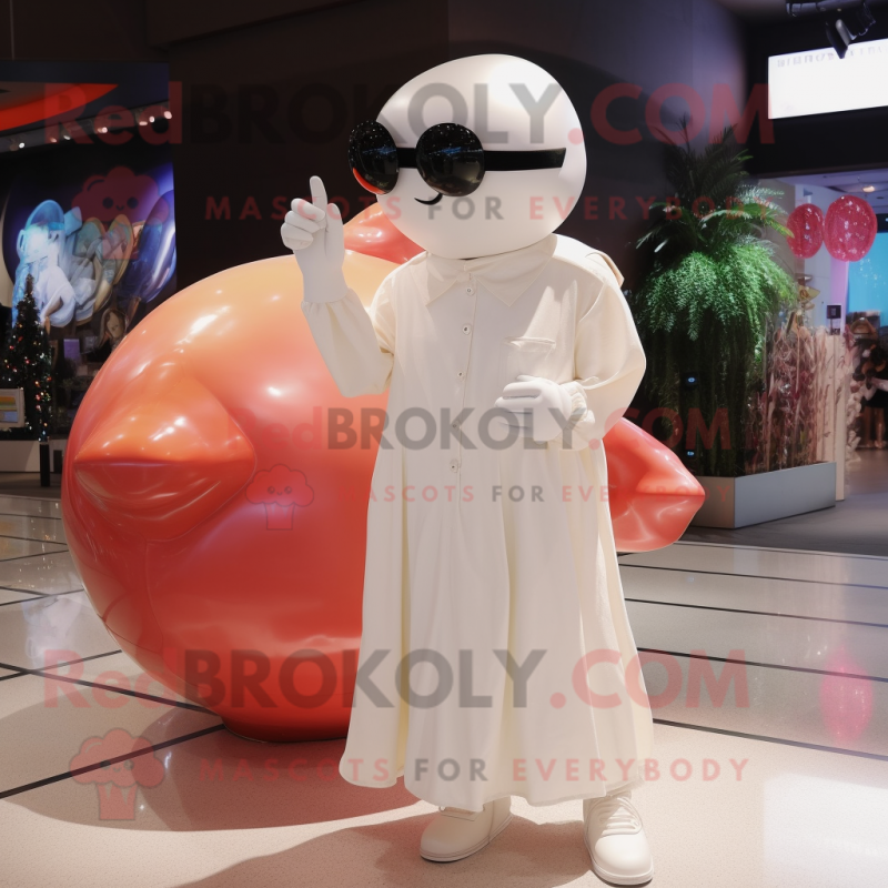 Cream Beluga Whale mascot costume character dressed with a Ball Gown and Sunglasses Cream Beluga Whale mascot costume character dressed with a Ball Gown and Sunglasses